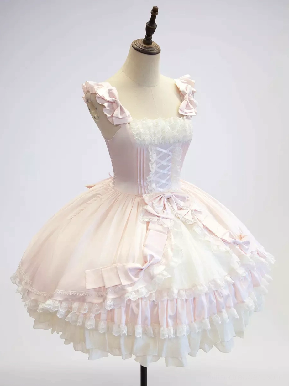 Sweet lolita fairy dress pink white color block design close-up detail shot lace embellishment and bow decoration