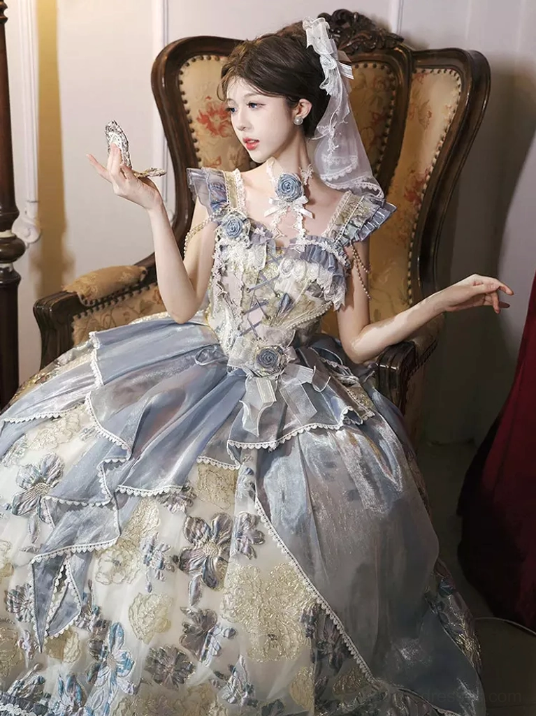 lolita-ball-gown-close-up-detail-embroidered-corset-bodice-neck-flower-brooch-ruffled-trim