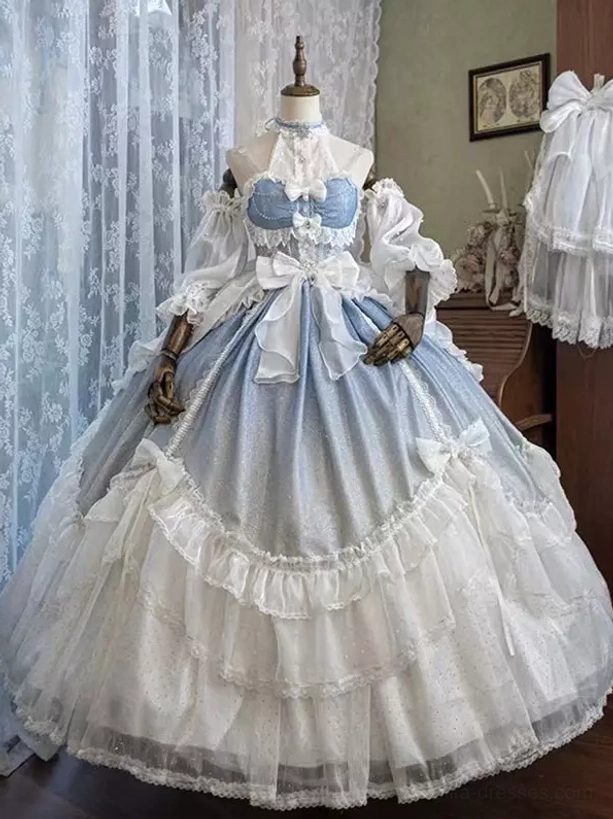 Blue fairy Lolita dress on mannequin displaying halter off-shoulder neckline, puff sleeves, white bow trim, and voluminous ruffled skirt structure