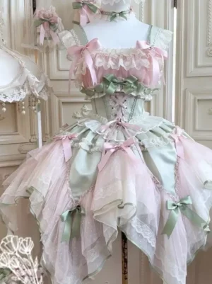 Formal sweet Lolita dress detail shot showing lace-up corset bodice, layered ruffle neckline, satin and tulle fabric close-up front view
