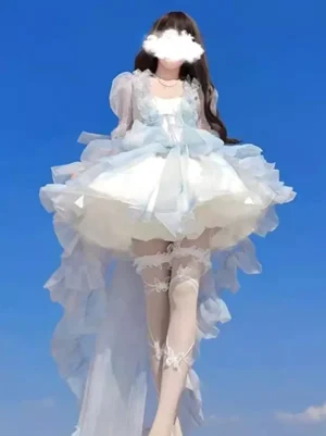 ethereal-sky-blue-fairy-lolita-dress-with-cascading-train-front-view-sleeveless-sweet-lolita-gown-gradient-organza-ruffled-hem
