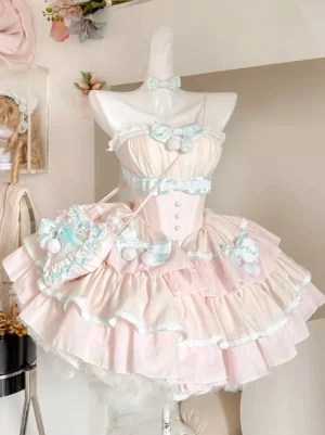 Enchanted fairy lolita dress with strapless corset bodice and voluminous tiered ruffled skirt, matching mint blue bow details and neck choker, front display view in indoor studio