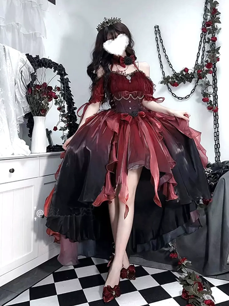 Fairy Lolita formal dress front view worn with burgundy heels, showcasing ruffled skirt layers, off-shoulder silhouette and gothic styling