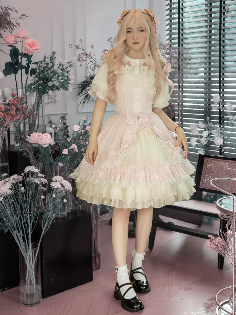 Pink white sweet lolita jumper dress front full-body indoor flower shop scene waist bow decoration A-line ruffled skirt