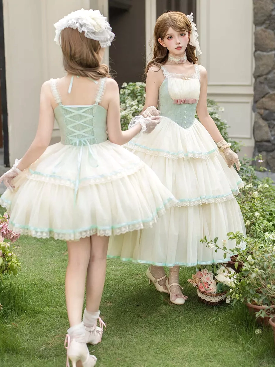 Two models wearing fairy lolita JSK dress side-by-side front back view lace-up corset back design comparison