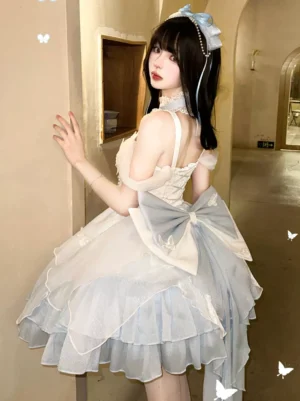 Fairy sweet lolita dress backless design back view large oversized bow layered ruffled tulle hem retro indoor scene