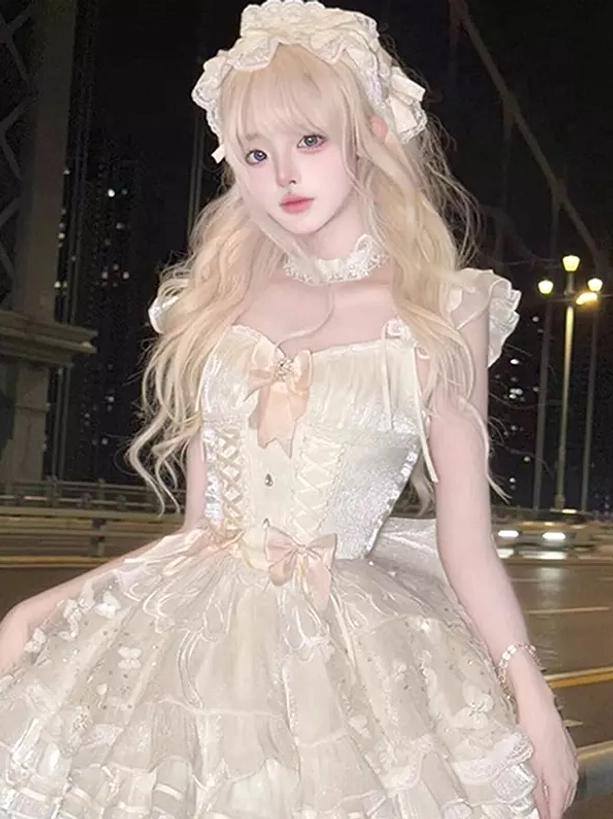 fairy-sweet-lolita-jsk-dress-front-close-up-bow-front-decor-printed-sheer-layered-skirt-romantic-lolita-fashion