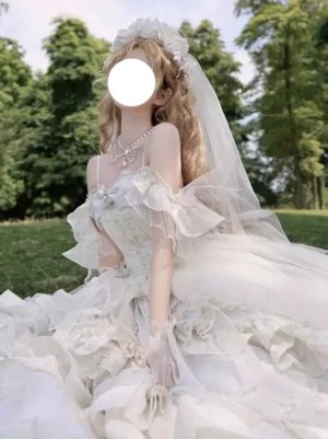 Sweet lolita fairy wedding gown champagne color three-quarter front angle with floral hair crown veil floor-length tulle skirt