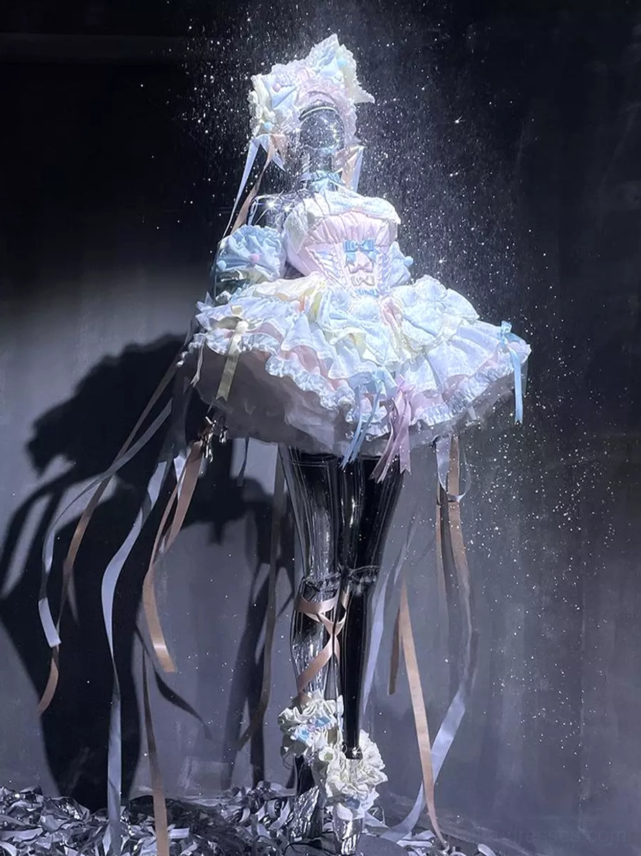 Lolita dress displayed on transparent mannequin three-quarter side view layered tulle skirt long trailing ribbons sparkly dark background pastel hues