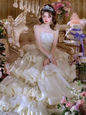Fairy wedding ball gown strapless white tulle dress sitting royal sofa scene sweet lolita layered ruffled skirt jewelry accessories