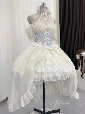 Fairy wedding lolita dress on mannequin displaying halter neck design with layered ruffled tulle skirt lace corset waist and bow embellishments full front view