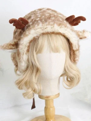 fawn spot deer ears plush lolita hat front view with brown antlers and fuzzy ear details on blonde wig mannequin woodland forest style headpiece