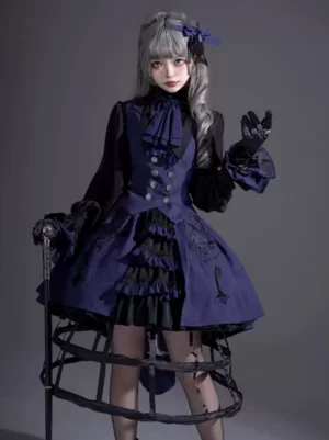 Full front body view female gothic Ouji Lolita waistcoat costume with layered ruffled skirt decorative buttons and bow necktie styling