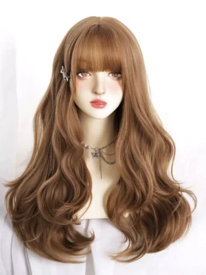 Front view of 26-inch flaxen lolita wig with blunt full bangs and tousled wavy texture on makeup mannequin head, perfect for sweet lolita fashion styling