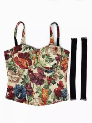 Floral corset top with two bonus black shoulder straps included beige retro flower print tapestry style
