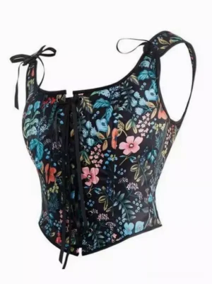 Floral print corset crop camisole with square neckline, adjustable tie straps, and front lace-up closure displayed on white background from left oblique angle
