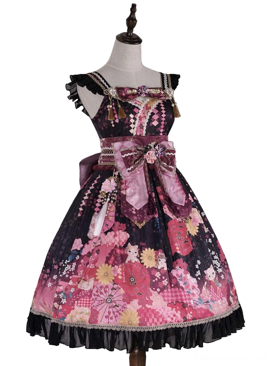 Floral kimono lolita 3-piece dress set detail shot showcasing embellishments construction and coordinating pieces