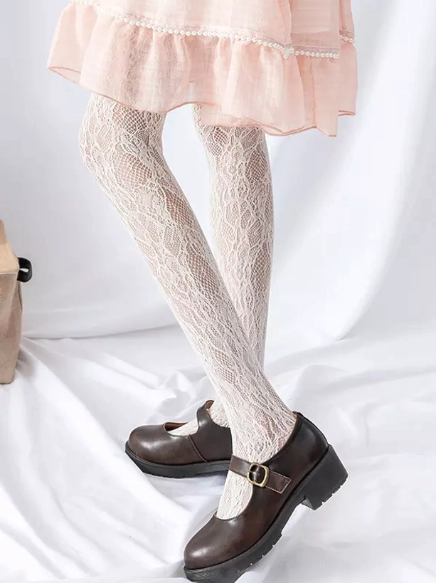 Sweet lolita floral lace fishnet tights styled detail shot with full coordinate showing embroidered vine pattern