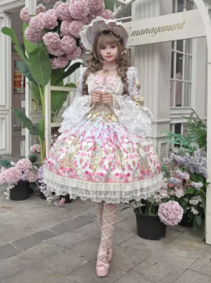 Pastel floral lolita dress front medium shot with wide lace puff sleeves and ruffled skirt hem on girl with bonnet