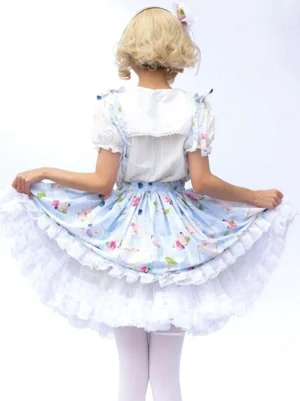 Lolita suspender skirt with all-over floral print white ruffle underskirt and matching top back full view on white background