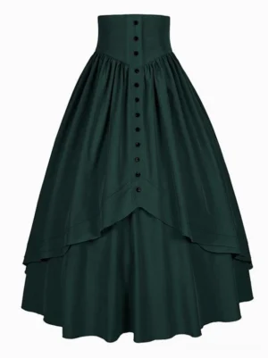 Forest green gothic lolita ruffle skirt with dark green fabric and black button trim showing uneven layered ruffled hem detail
