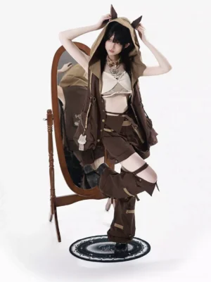 Fox-ear gothic lolita 4-piece tactical outfit set featuring brown hooded vest with fox ears, cream cropped camisole, matching shorts and thigh strap leg covers, front three-quarter full-body view on model
