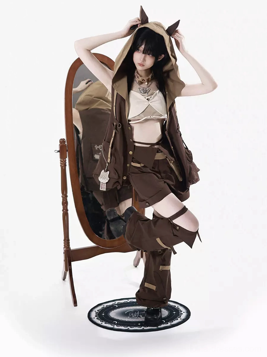 Fox-ear gothic lolita 4-piece tactical outfit set featuring brown hooded vest with fox ears, cream cropped camisole, matching shorts and thigh strap leg covers, front three-quarter full-body view on model