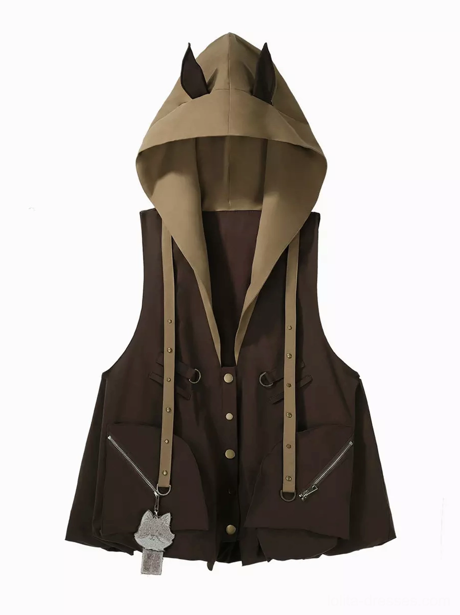 Flat lay front view of brown tactical fox-ear hooded vest featuring button front, decorative zipper pockets, and fox charm pendant accent on white background