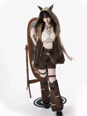 Complete wilderness fox themed gothic lolita coordinate showcasing tactical brown vest, high-waisted shorts, layered necklaces, and leg strap covers in studio setting