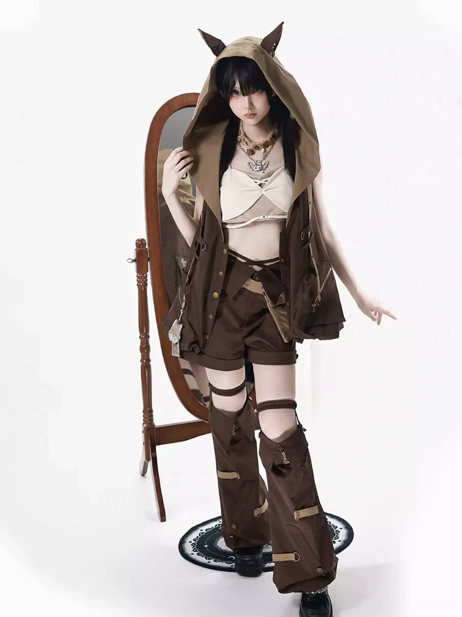 Complete wilderness fox themed gothic lolita coordinate showcasing tactical brown vest, high-waisted shorts, layered necklaces, and leg strap covers in studio setting