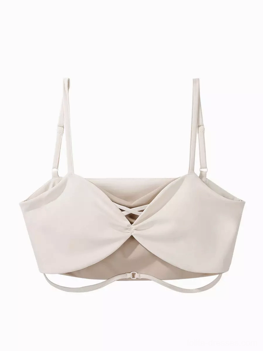 Flat lay front view of cream white cropped camisole top from the fox gothic lolita set, showcasing crisscross front design and adjustable spaghetti straps
