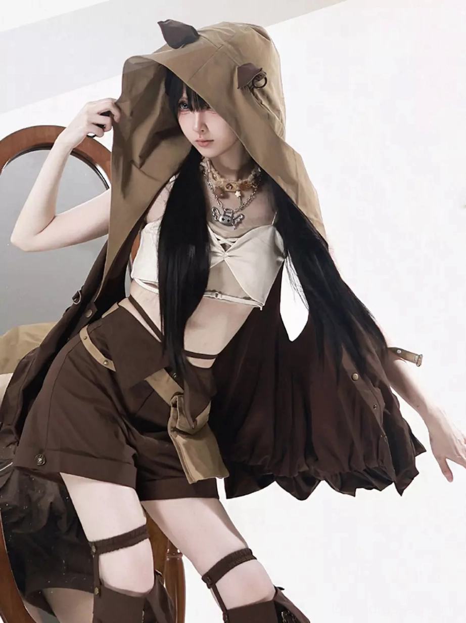 Low angle front three-quarter view of complete fox gothic lolita set highlighting flowy hooded vest design, exposed midriff styling, and thigh strap details