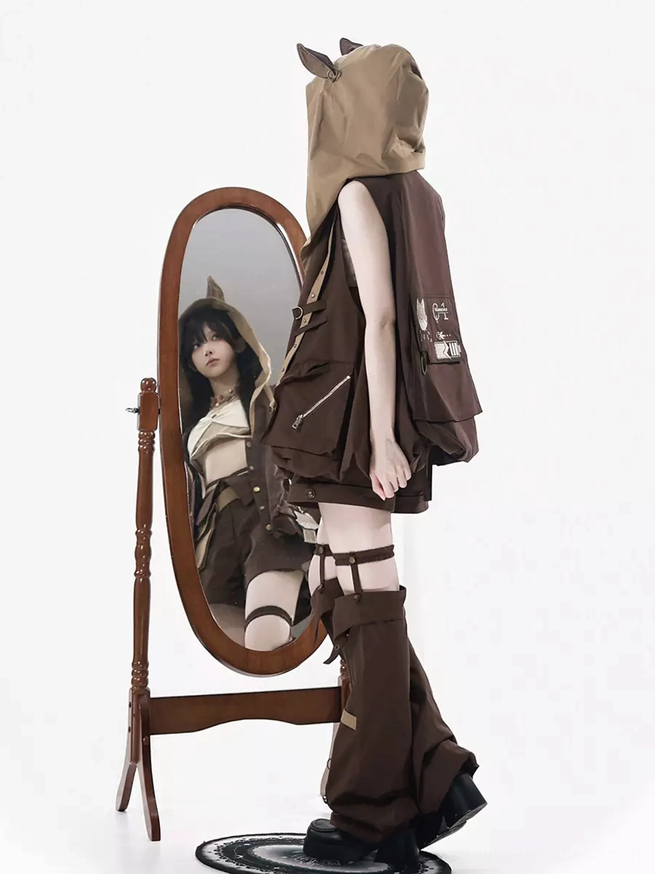 Back view of fox gothic lolita tactical set displaying embroidered vest details, matching brown leg covers and shorts, fox-ear hood from rear angle