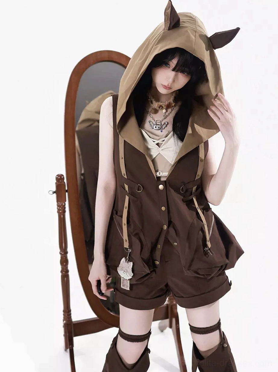 Close-up three-quarter front view of fox hooded gothic lolita outfit highlighting fox-ear hood details, cream cropped camisole, and brown shorts coordination