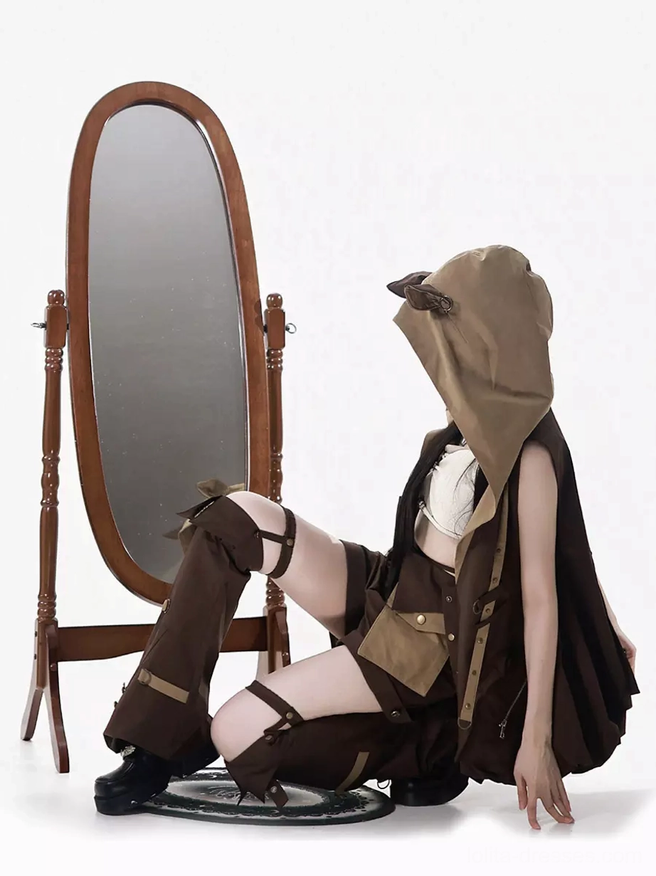 Seated side view of fox hooded gothic lolita outfit set showing hooded vest with fox ears, thigh strap leg covers, cropped inner top layering