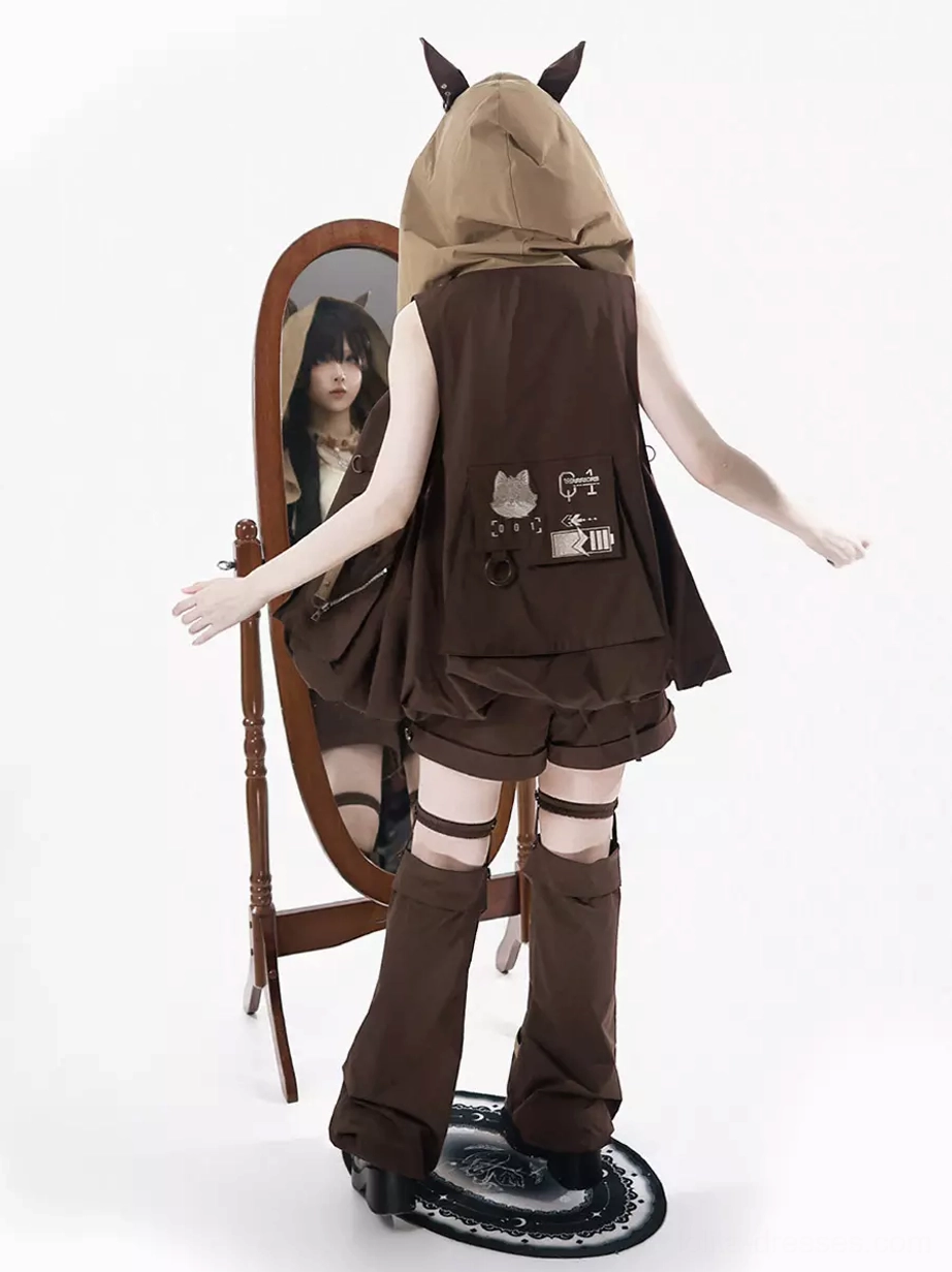 Full back view of fox-themed gothic lolita outfit displaying back embroidered vest design, brown shorts, matching leg covers, and fox-ear hood silhouette