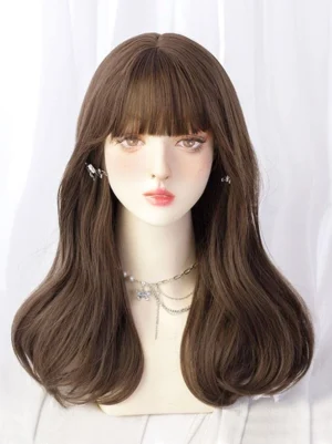 front-view-deep-brown-lolita-wig-blunt-bangs-wavy-hair-sweet-lolita-aesthetic-mannequin-head-display
