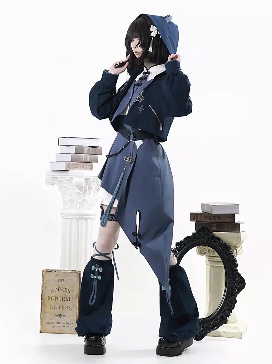 full cat ear lolita ensemble side full-body shot matching leg warmers asymmetrical hem navy and white color scheme