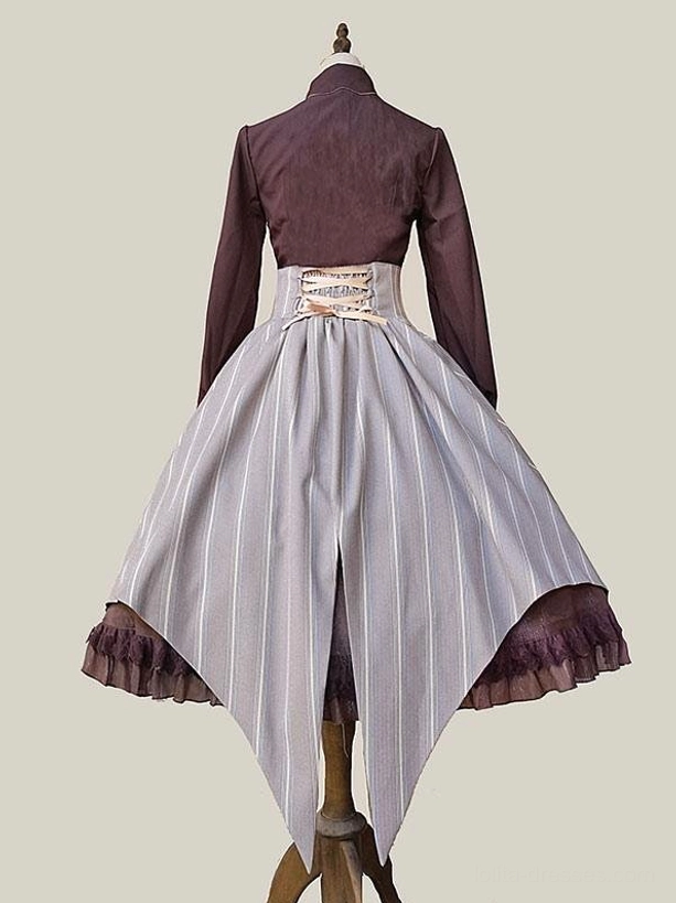 Full gothic lolita coordinates back view featuring long brown blouse, corset waist, and striped ruffled skirt