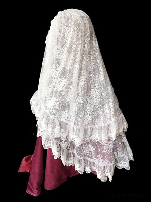Full-length floral lace lolita veil off-white multi-layered ruffled hem back view elegant vintage lolita headpiece