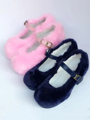 Fuzzy sweet lolita mary jane platform heels flat lay showing navy blue and pink plush textile variants with chunky block heel and adjustable ankle strap buckle detail