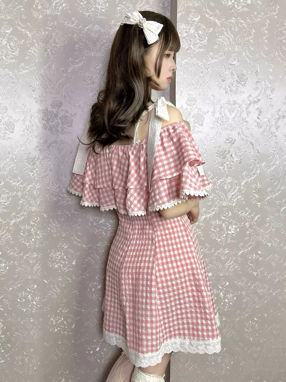 Gingham Sweet Lolita mini dress back view showing off-shoulder design layered ruffle back hem and delicate lace trim detail