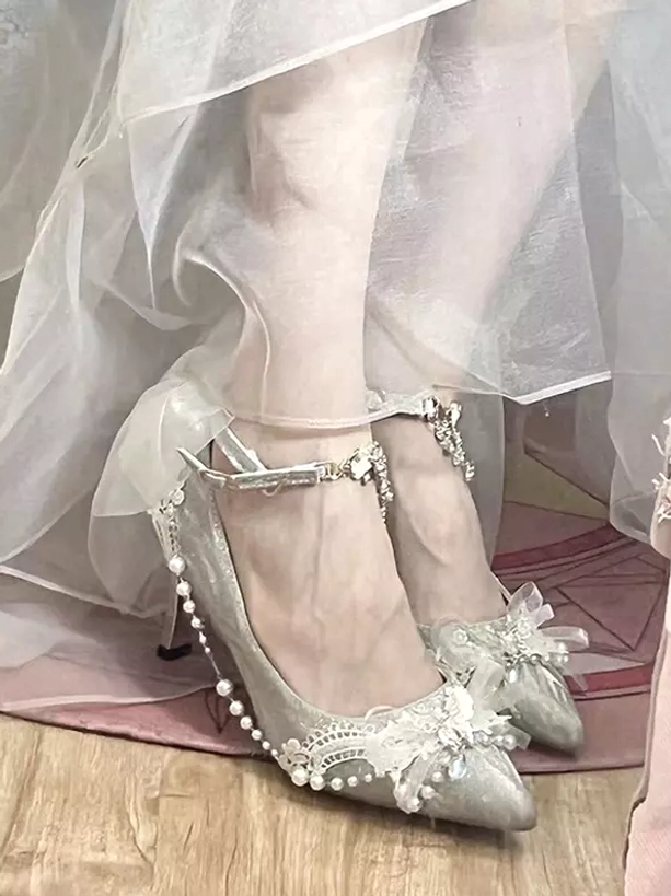 Glitter finish Lolita pointed toe stiletto shoes with chain and bow embellishments authentic subculture fashion