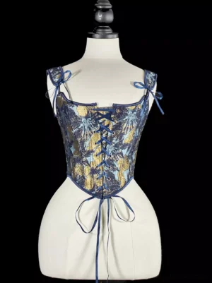 Front view of vintage golden floral lolita corset bustier with square neckline, front lace-up closure and bow spaghetti straps