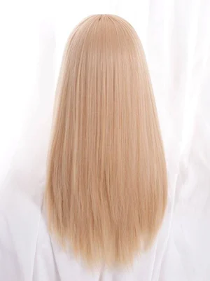 Back view of golden heat-resistant synthetic Lolita wig showing uniform golden color and straight hair texture with neat ends
