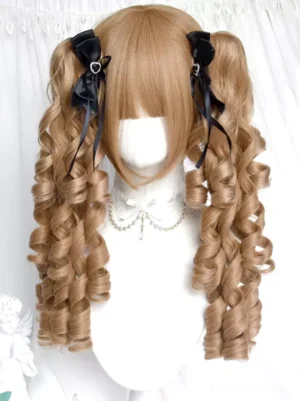 Sweet Lolita golden roman curls twin ponytail wig front view with black bow clips and lace choker mannequin styling
