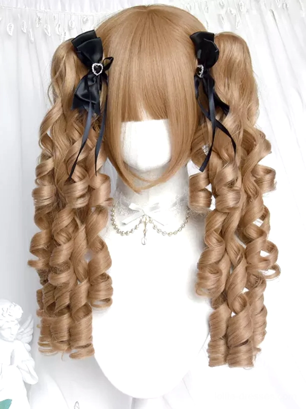 Sweet Lolita golden roman curls twin ponytail wig front view with black bow clips and lace choker mannequin styling