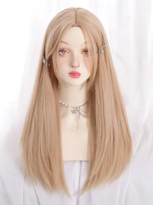 Front view of golden long straight Sweet Lolita wig on mannequin head with realistic lace scalp base and center parted natural bangs