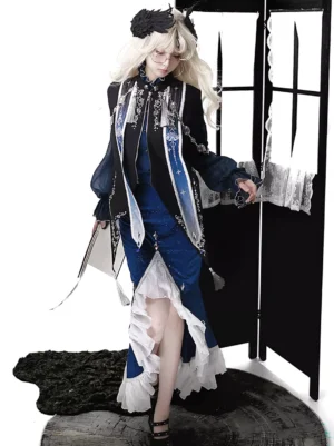 Gothic astrologer lolita two-piece set dark navy side view with ruffled mermaid skirt capelet and black horns headpiece