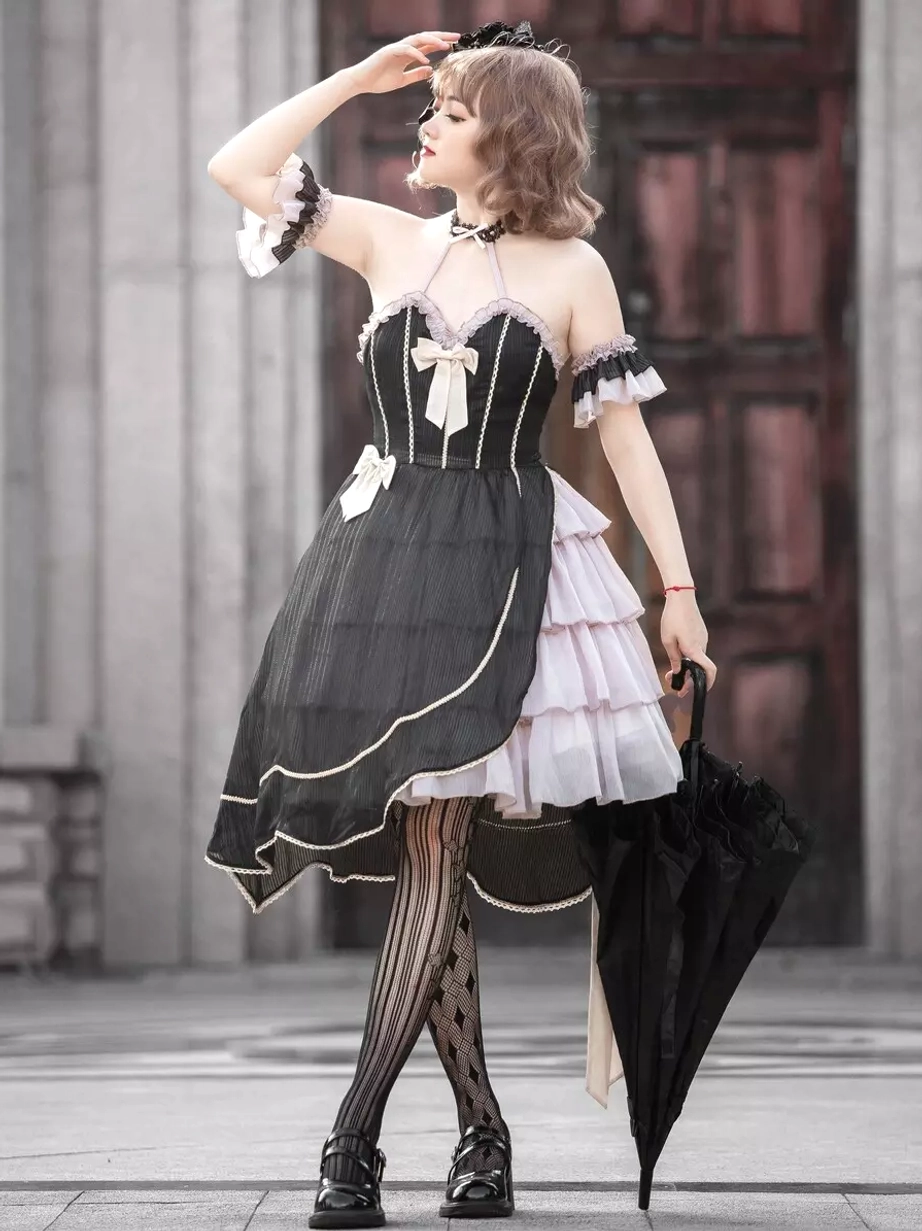 Gothic asymmetrical lolita dress tailor made custom color full-body side view female model vintage stone courtyard off-shoulder design black-white tiered skirt striped hosiery